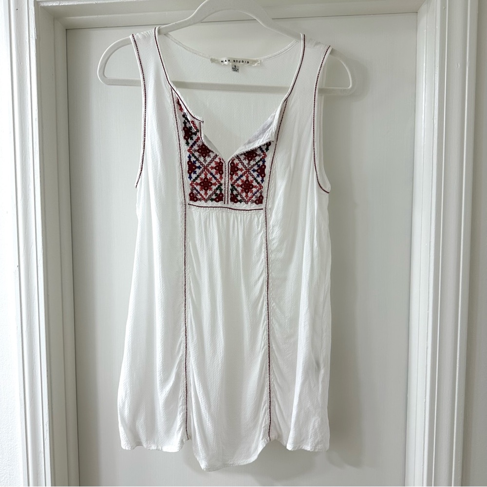 Max Studio White V-Neck Tank Top with Red Embroidery Details, Size S
